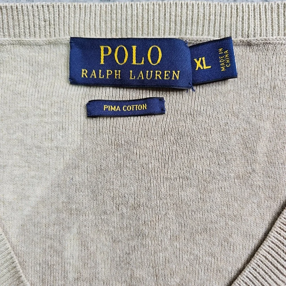 Polo Ralph Lauren Sweater Mens XL Beige Pima Cotton V-Neck Long Sleeve Heather